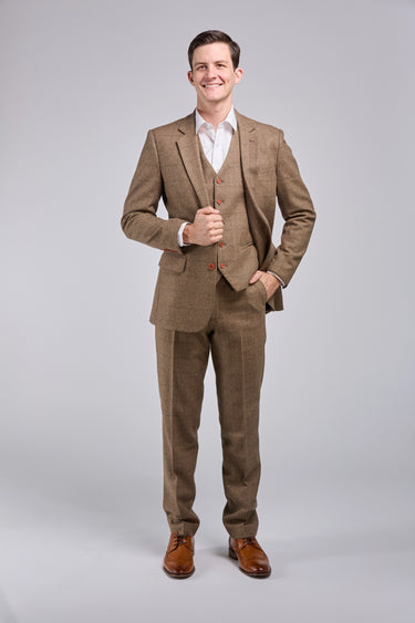 Light Brown Herringbone 3 Piece Suit Front View